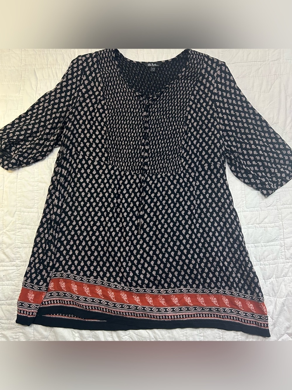 Ulla Popken Smocked Tunic Sz 20/22 Boho Peasant Folk Art Artisan Tassel Top USA